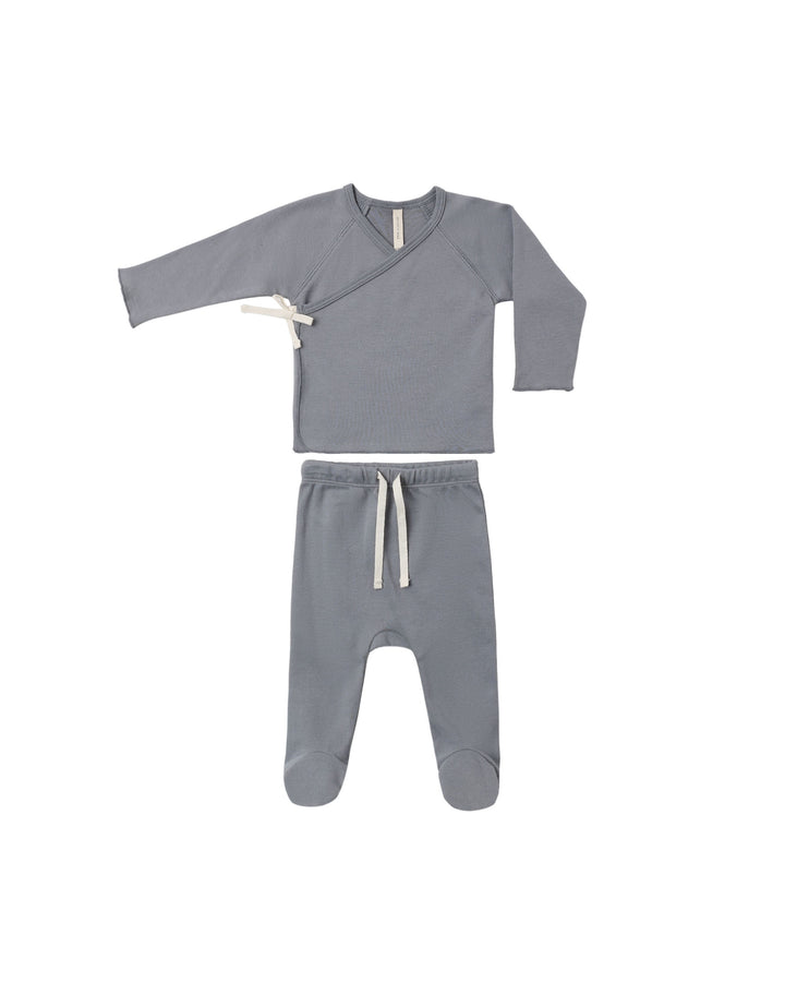 set knit wrap top and footie pants with knot beanie - slate