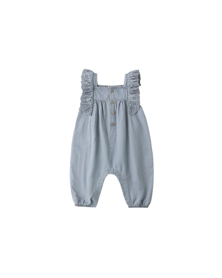 one piece washed eyelet detail long romper - chambray
