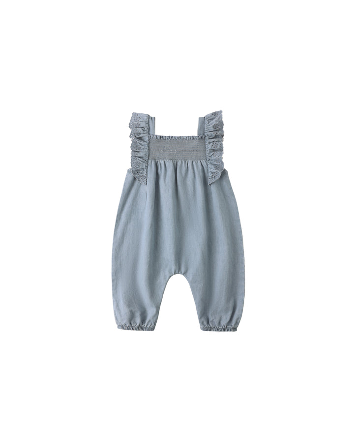 one piece washed eyelet detail long romper - chambray