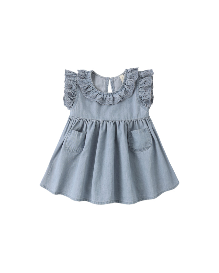 dress washed eyelet detail with attached bloomers - chambray