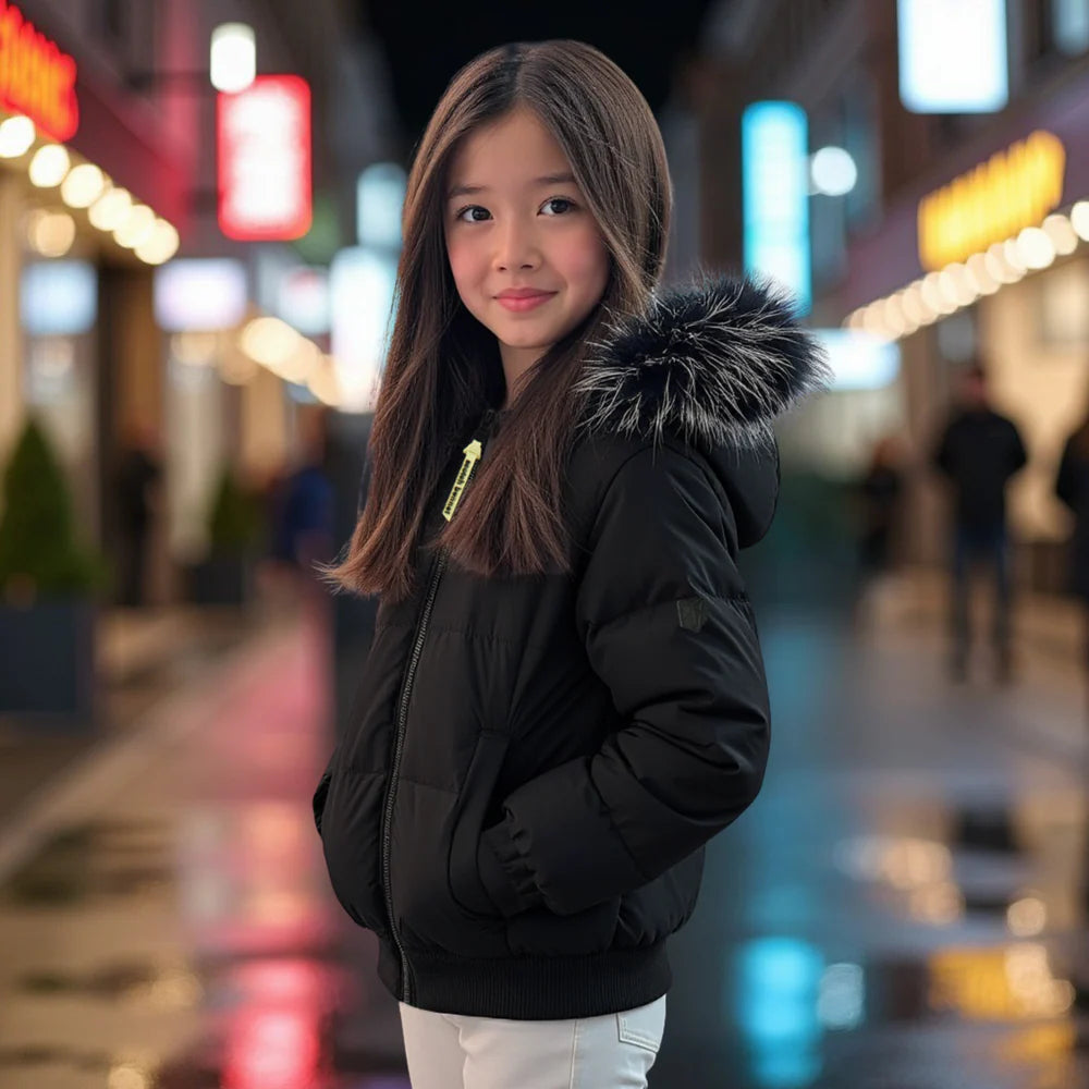 coat canvas bomber style with black fur hood - black/white/black