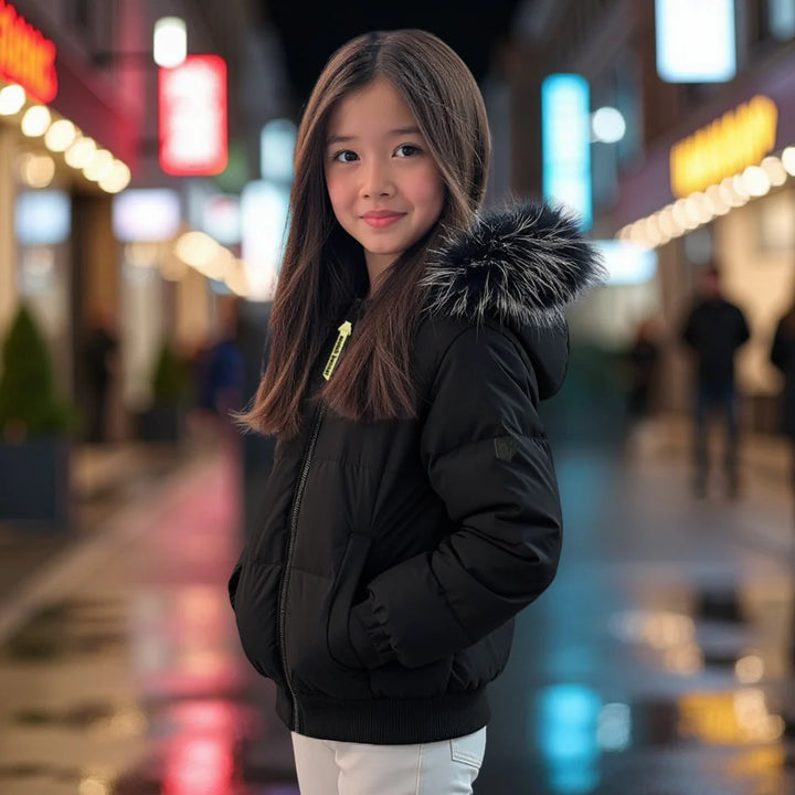 coat canvas bomber style with black fur hood - black/white/black