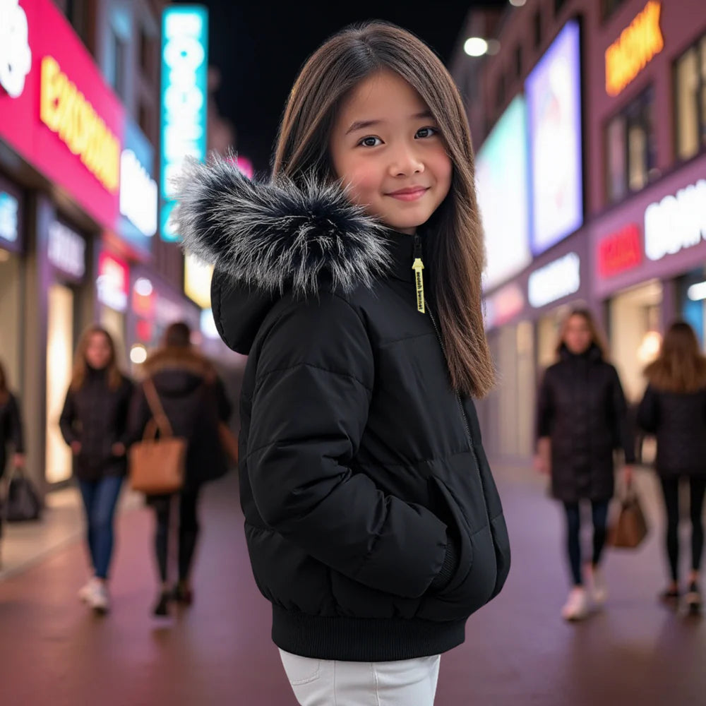 coat canvas bomber style with black fur hood - black/white/black