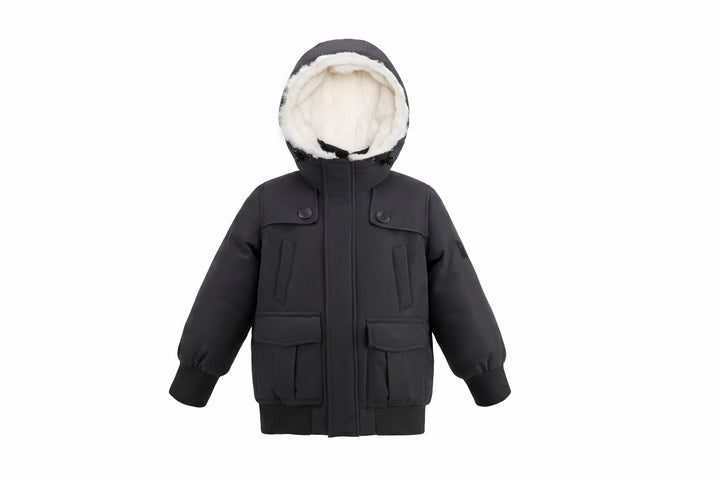 coat basic pocket with hood - black/ivory fur