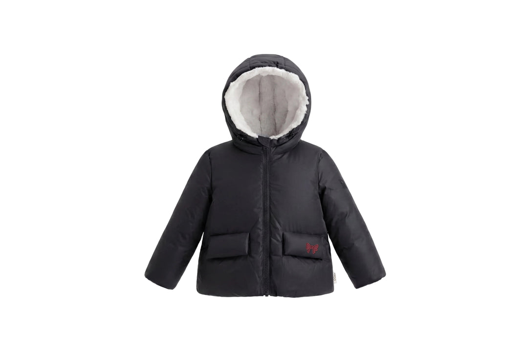 coat padded solid embroidered/houndstooth with fur hood - black/ivory fur