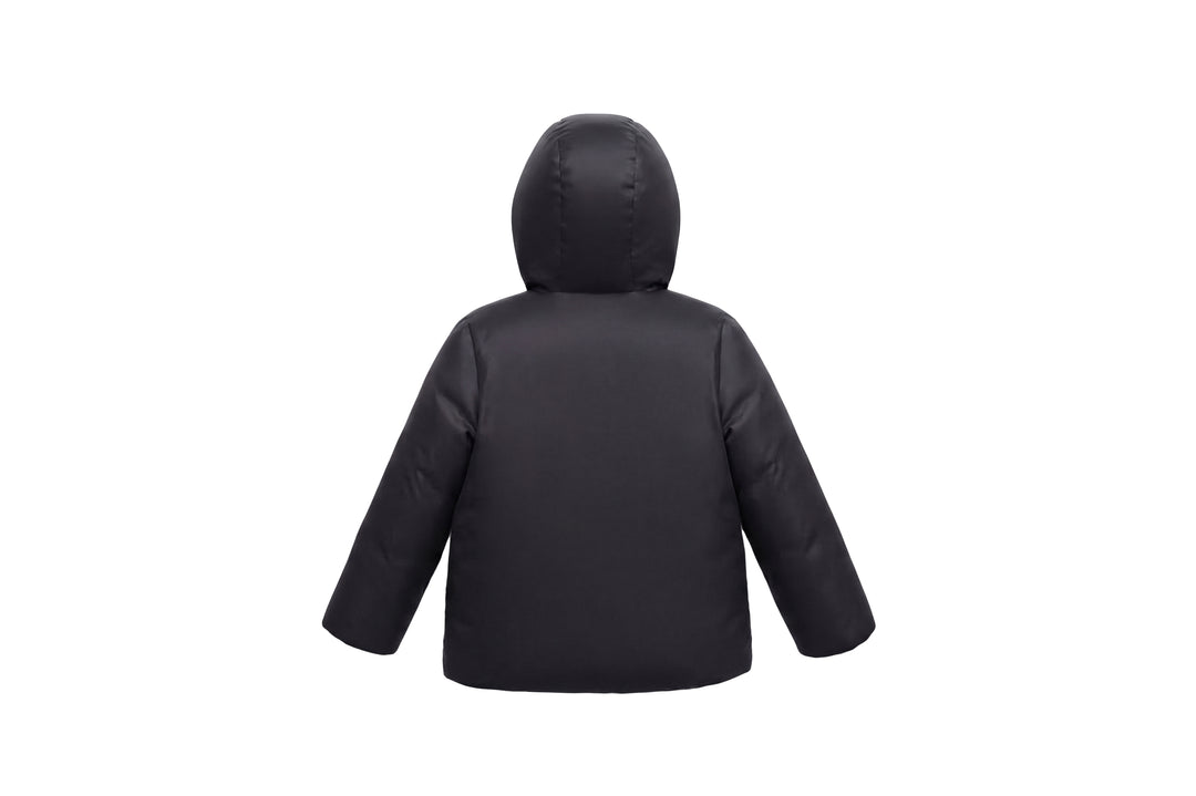 coat padded solid embroidered/houndstooth with fur hood - black/ivory fur