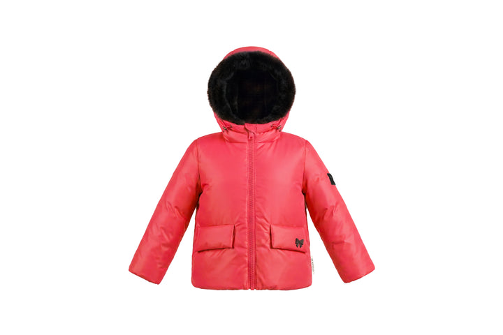 coat padded solid embroidered/houndstooth with fur hood - houndstooth red