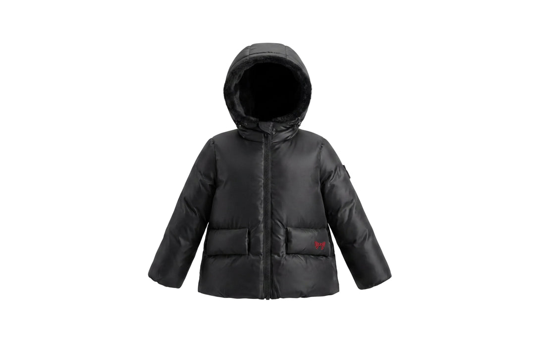 coat padded solid embroidered/houndstooth with fur hood - houndstooth black