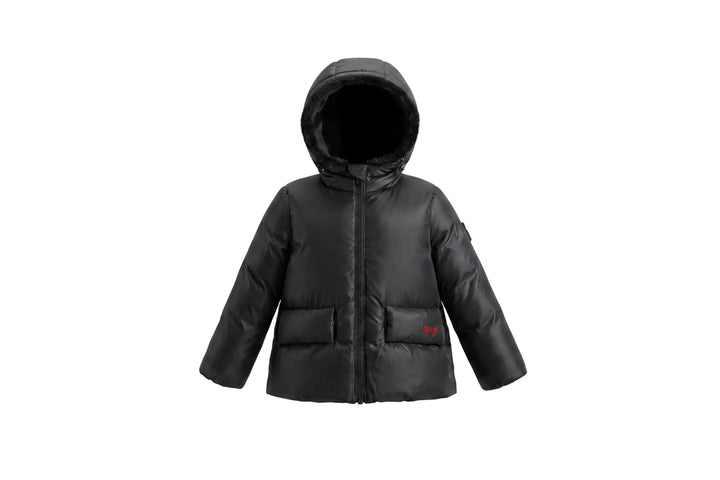coat padded solid embroidered/houndstooth with fur hood - houndstooth black