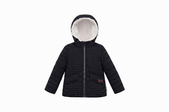 coat padded houndstooth embroidered/houndstooth with fur hood - houndstooth black