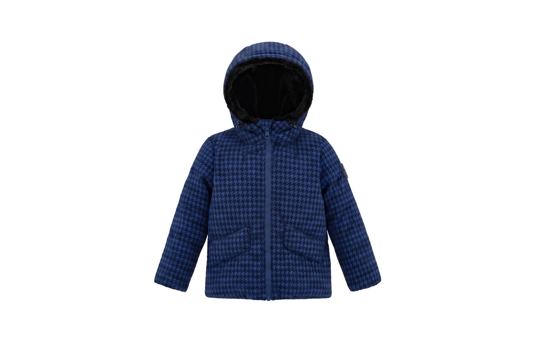 coat padded houndstooth with fur hood - houndstooth blue