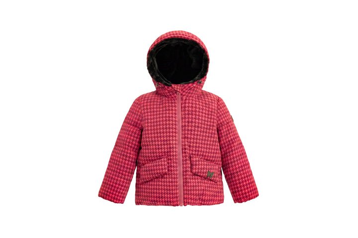 coat padded houndstooth embroidered/houndstooth with fur hood - houndstooth red