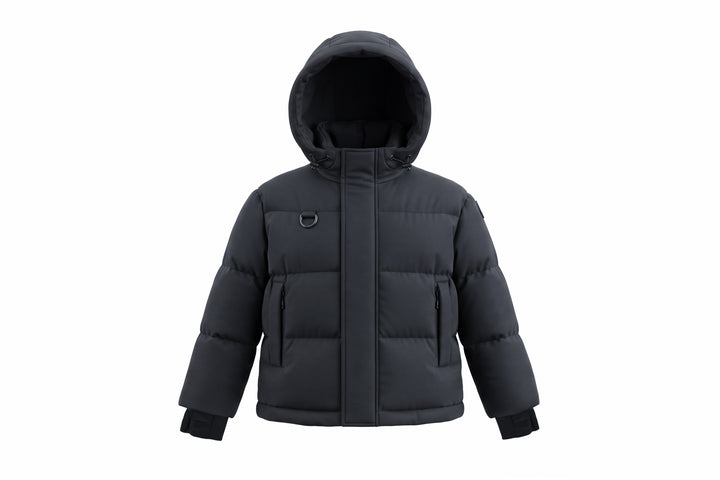 coat padded crop drawstring with hood - black/black fur