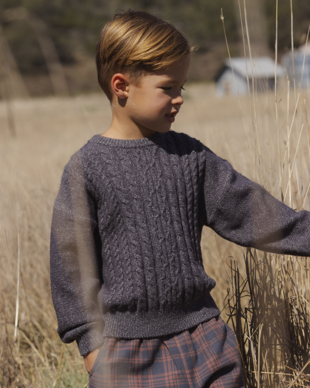 top l/s heathered cable knit sweater - midnight