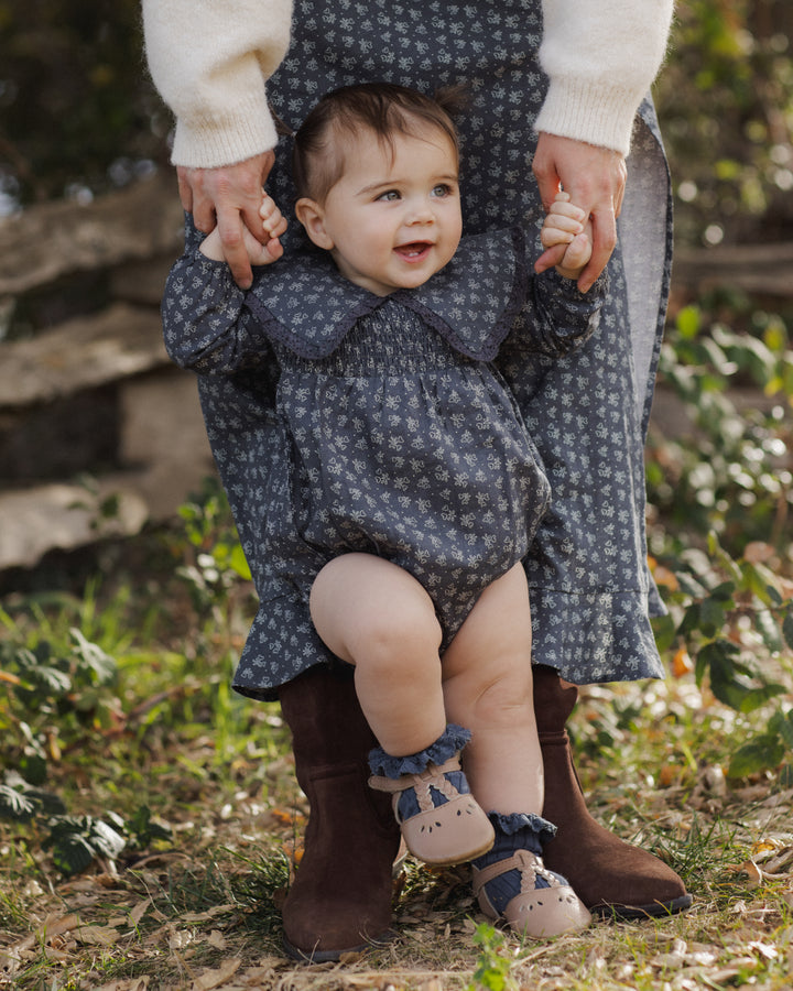 one piece smocked heart ditsy print romper - midnight