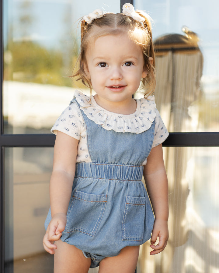 one piece washed contrast stitch romper - blue