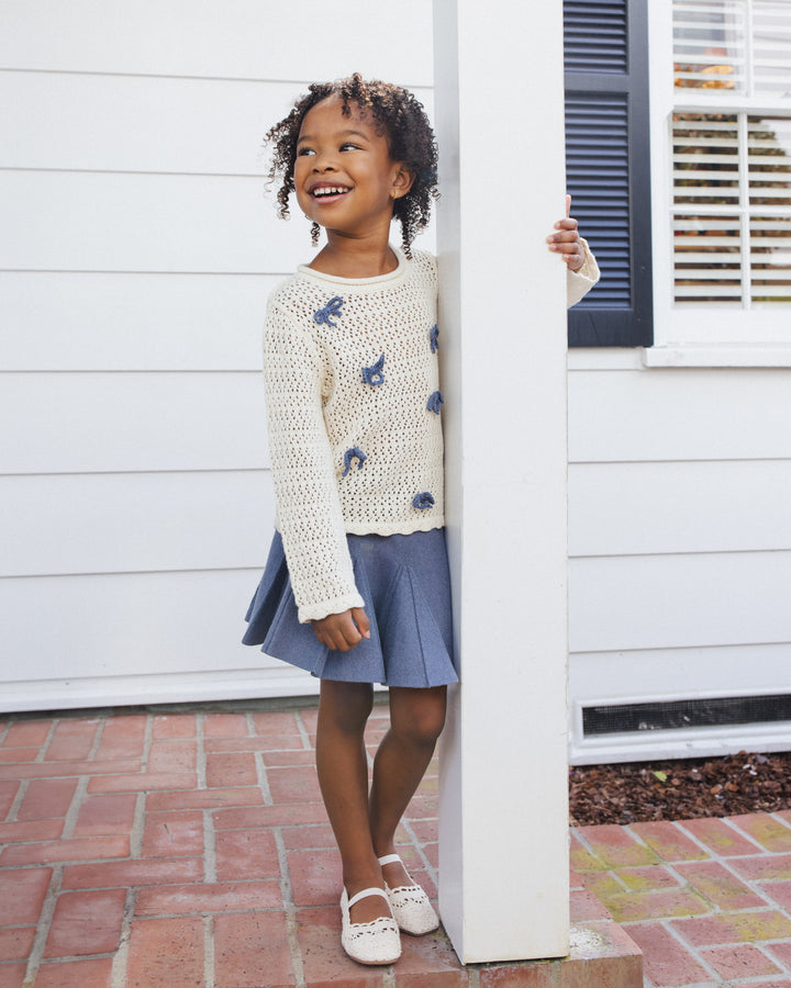 top l/s scalloped knit bow sweater - natural
