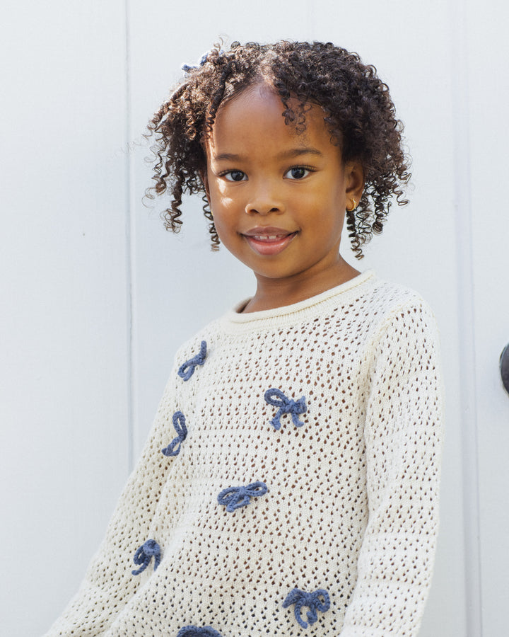 top l/s scalloped knit bow sweater - natural
