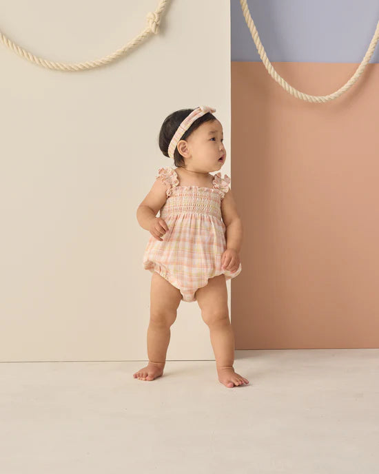 one piece summer plaid smocked romper - plaid