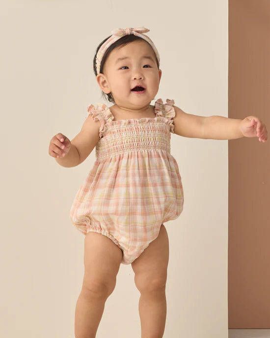 one piece summer plaid smocked romper - plaid