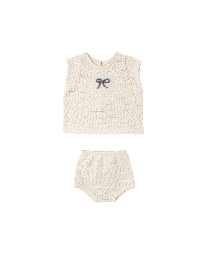 set outfit scalloped knit bow top and bloomers - natural