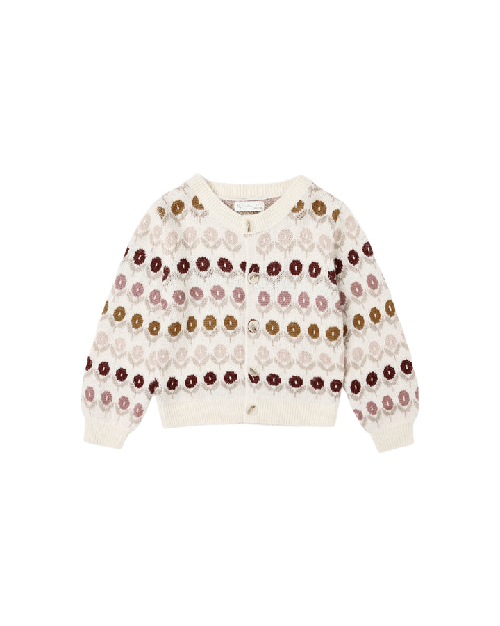 top l/s knit floral jacquard cardigan - natural