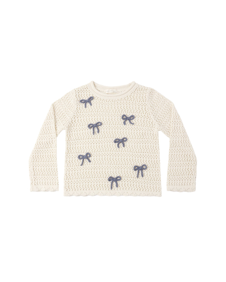 top l/s scalloped knit bow sweater - natural