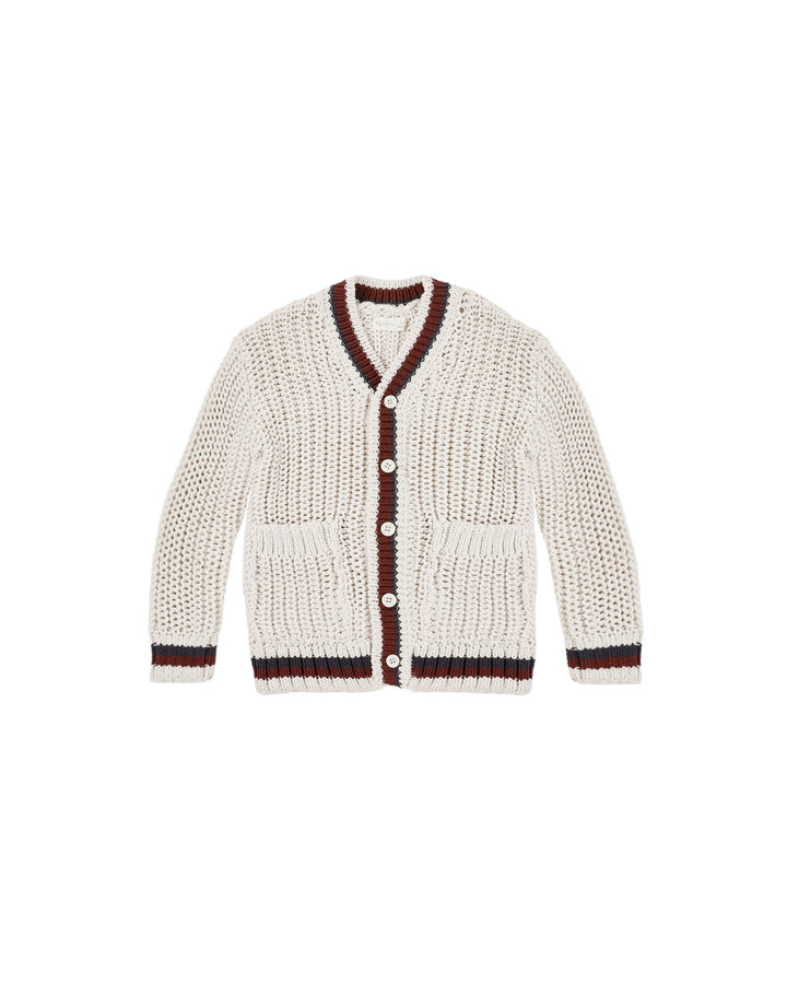 top l/s chunky knit v striped cardigan - natural