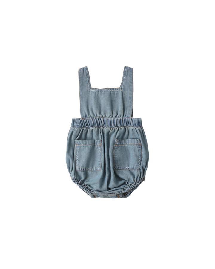 one piece washed contrast stitch romper - blue