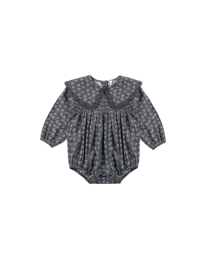 one piece smocked heart ditsy print romper - midnight