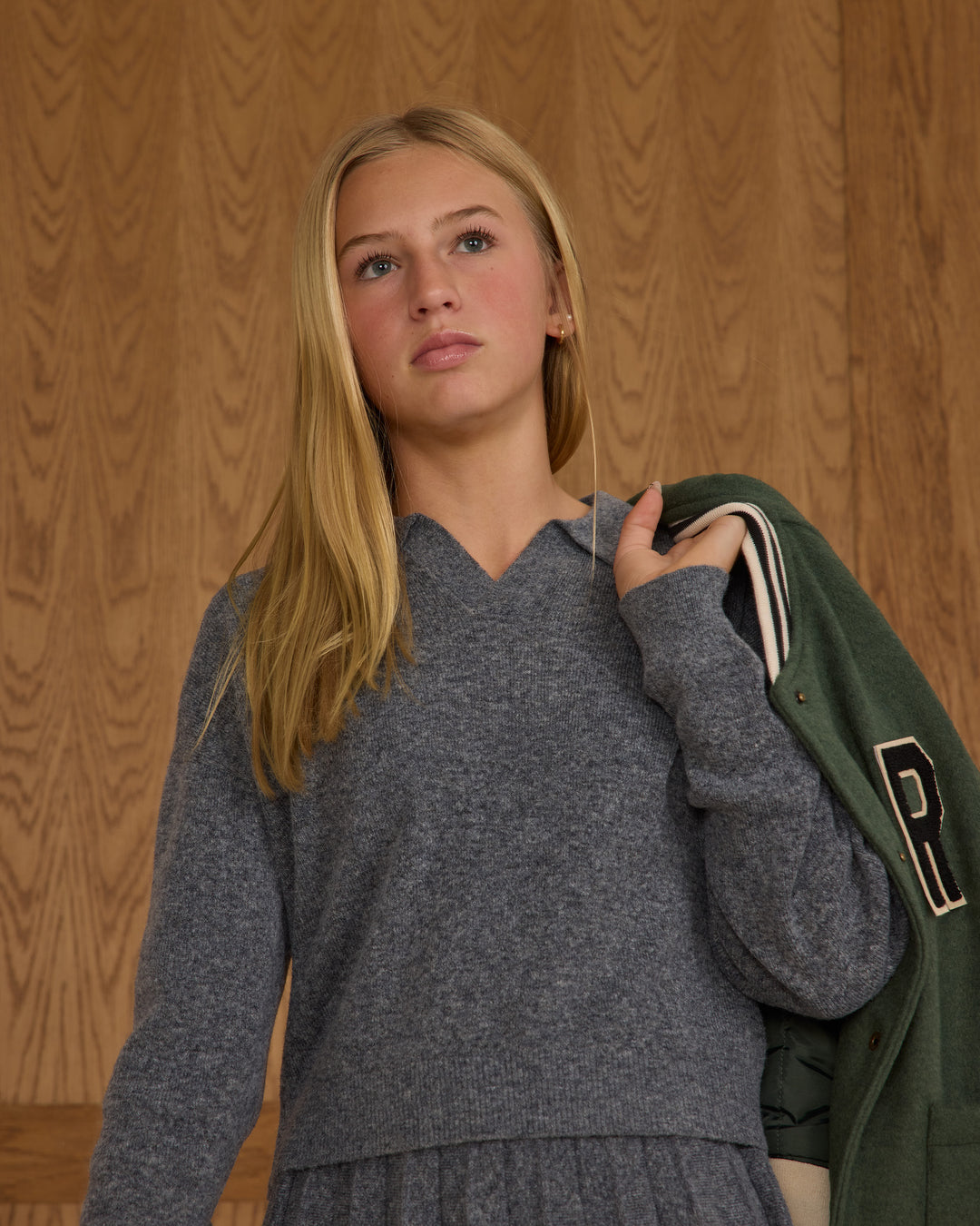 top l/s collared knit sweater - grey