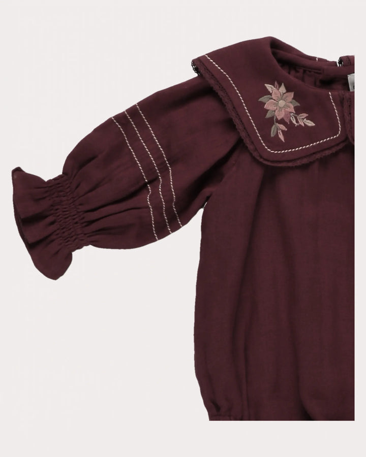 one piece plaid lace trim collar romper - plum