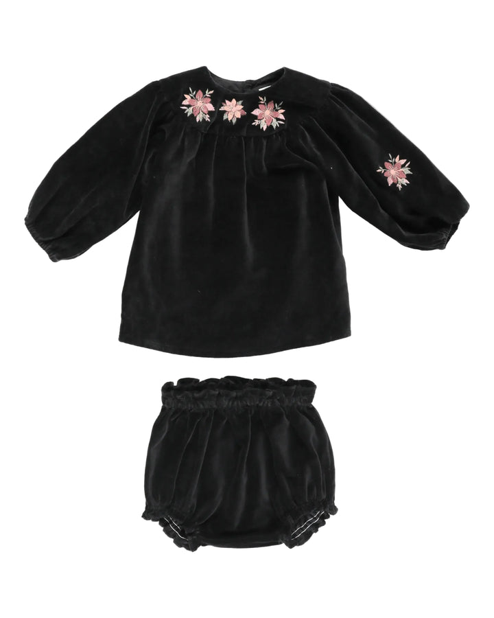 set outfit velour embroidered shirt and bloomers - black