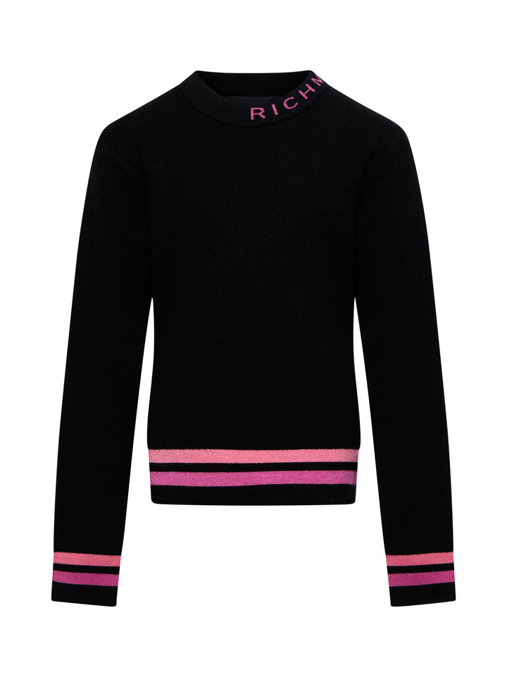 top l/s striped edge sweater with neck logo - black/vivacious