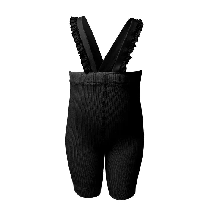 overall ribbed with ruffled suspender short - 9-black