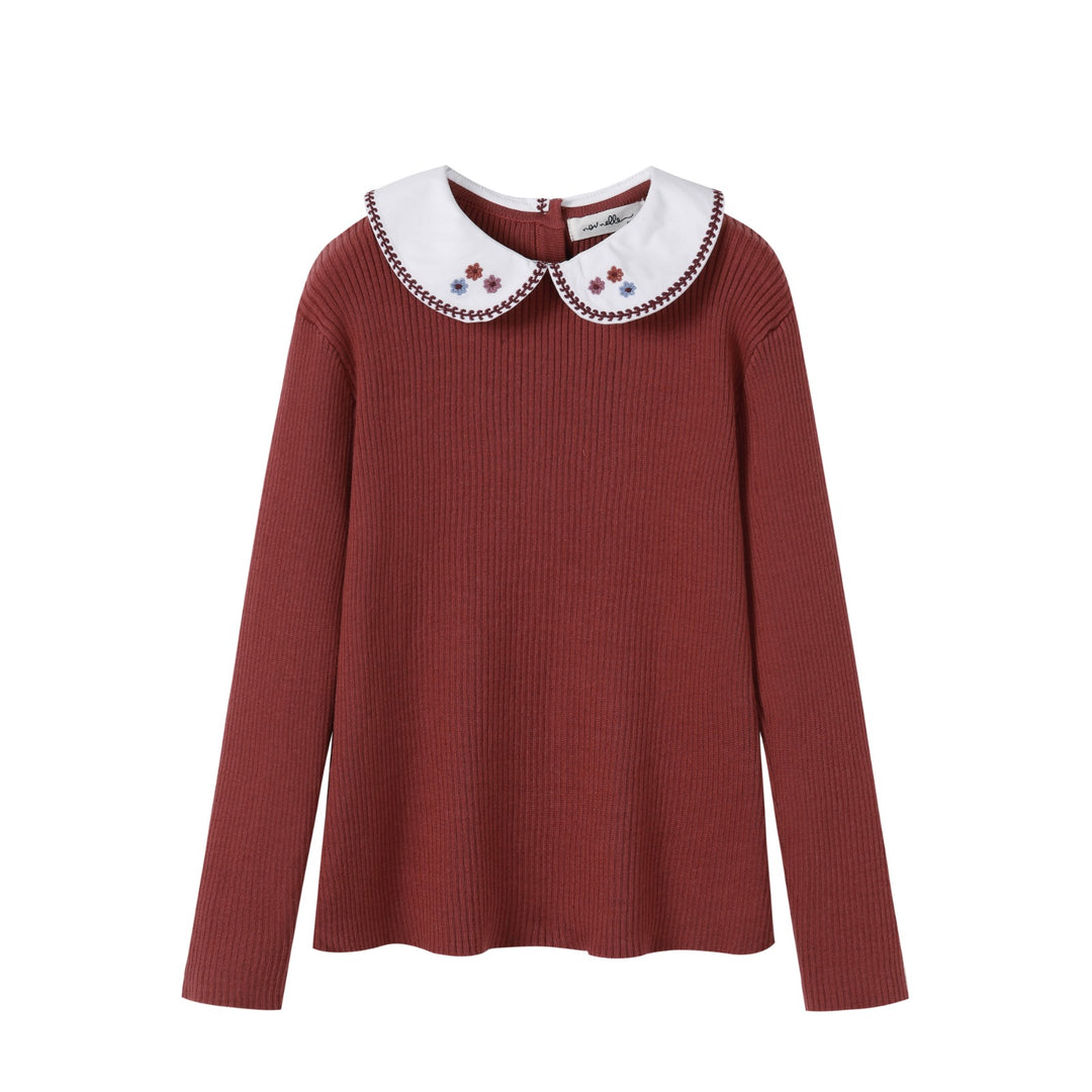 top l/s rib knit embroidered collar sweater - rust