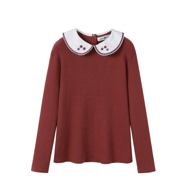 top l/s rib knit embroidered collar sweater - rust