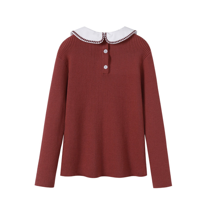 top l/s rib knit embroidered collar sweater - rust