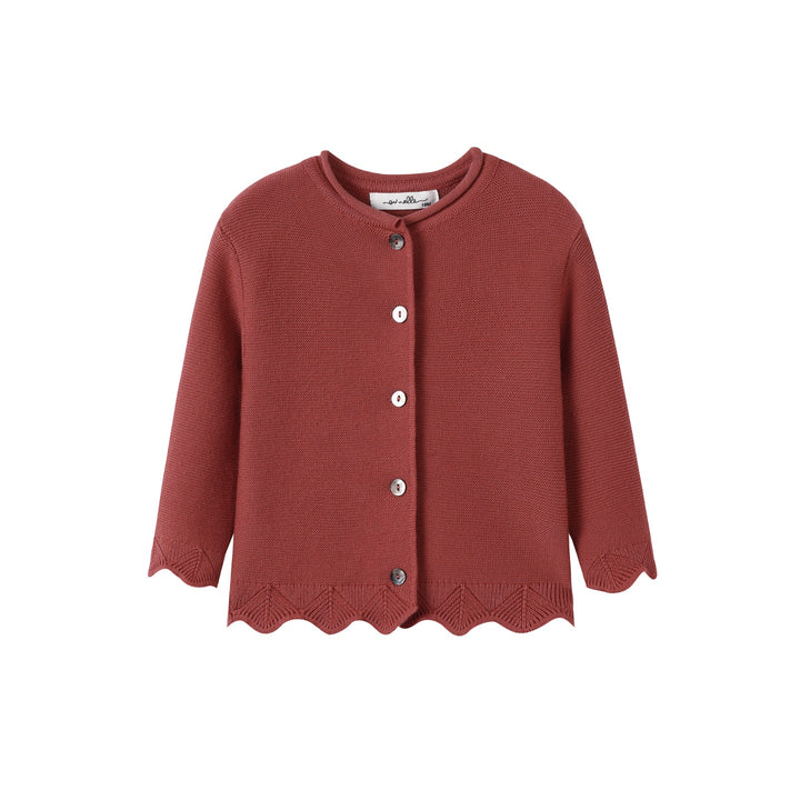 top l/s scalloped knit cardigan - rust