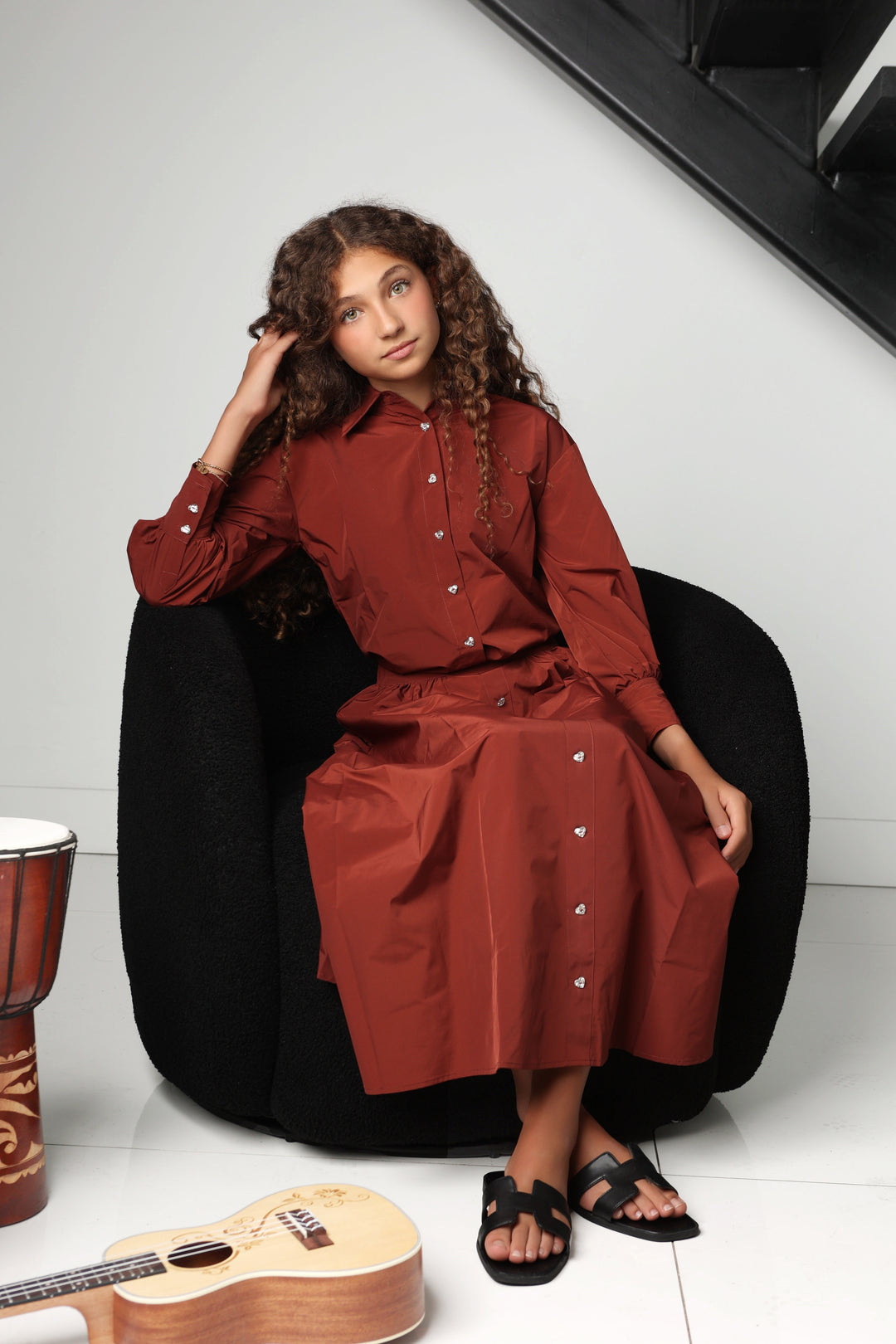 skirt taffeta rhinestone button down - rust