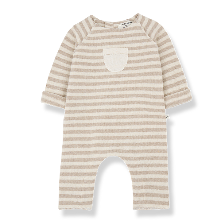 one piece striped knit pocket jumpsuit - beige