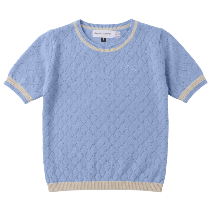 top s/s textured knit contrast trim sweater - blue