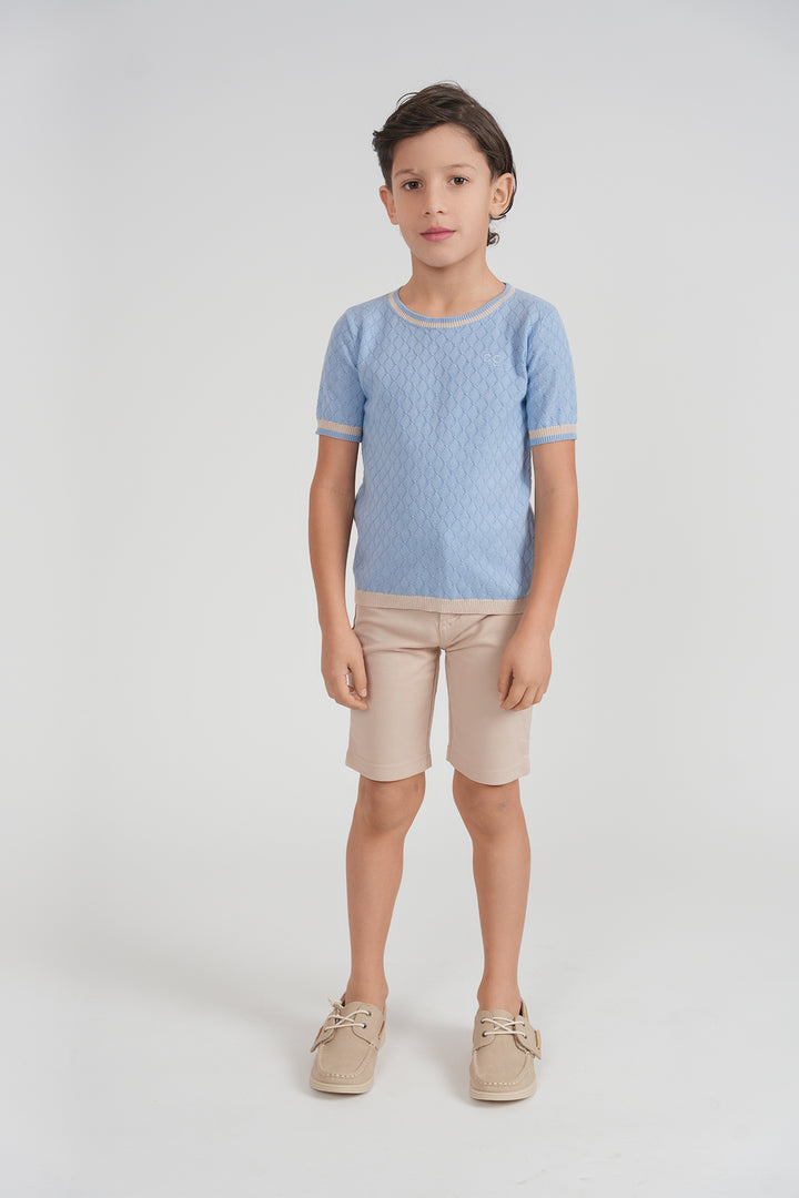 top s/s textured knit contrast trim sweater - blue