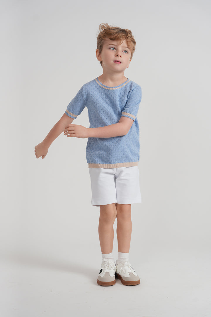 top s/s textured knit contrast trim sweater - blue