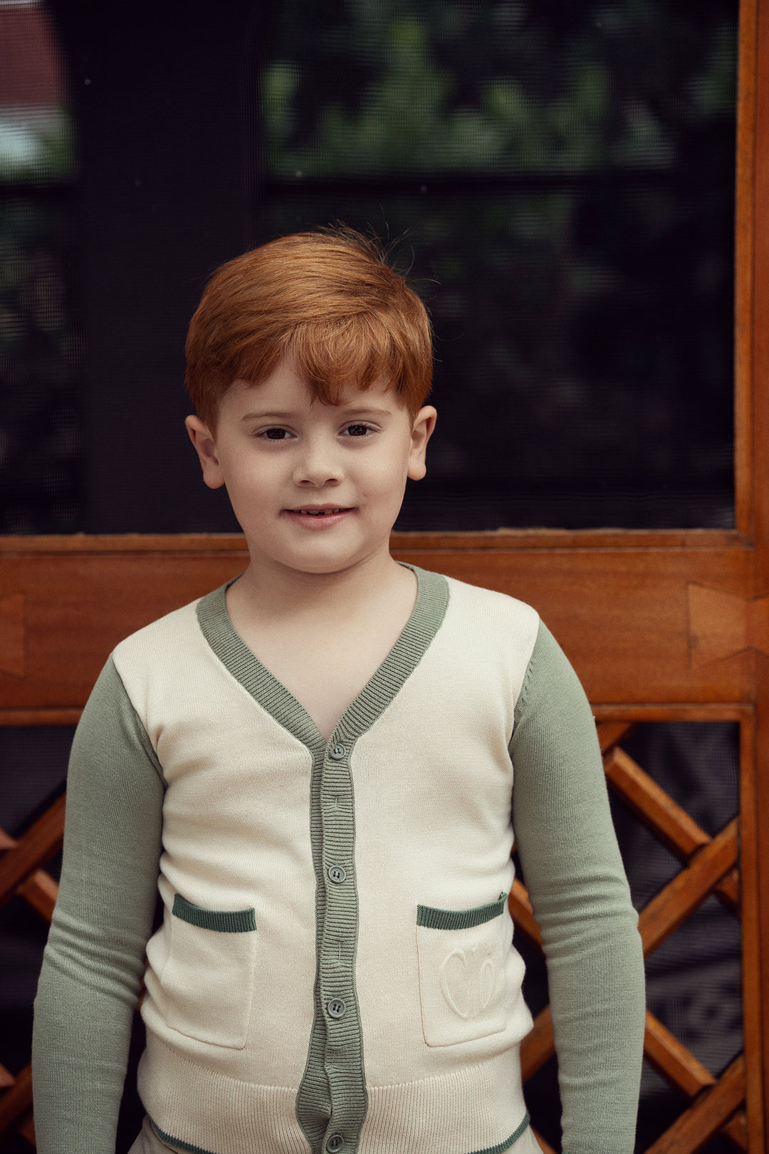 top l/s color block v neck cardigan - natural/dark sage