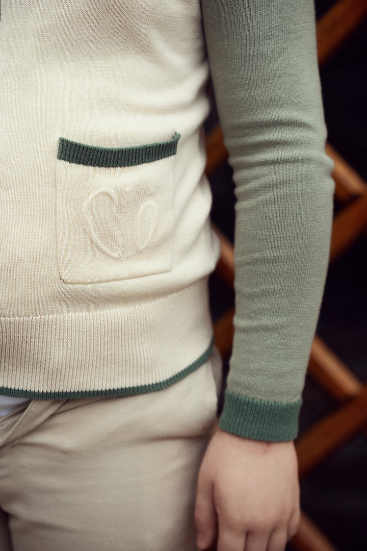 top l/s color block v neck cardigan - natural/dark sage