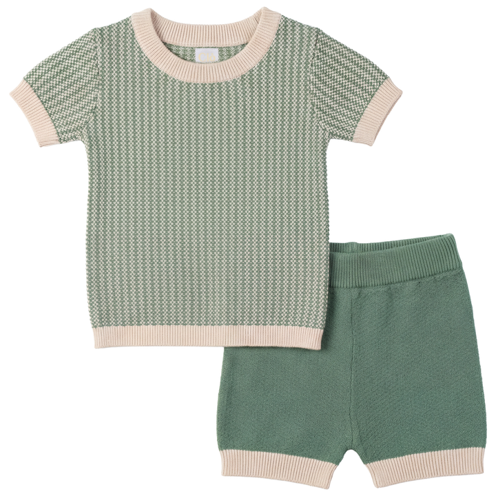 set outfit s/s textured knit sweater and shorts - dark sage