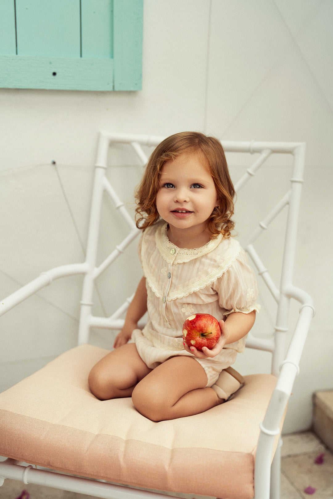 set outfit stripe lace detail blouse and bloomers - cream/dark green