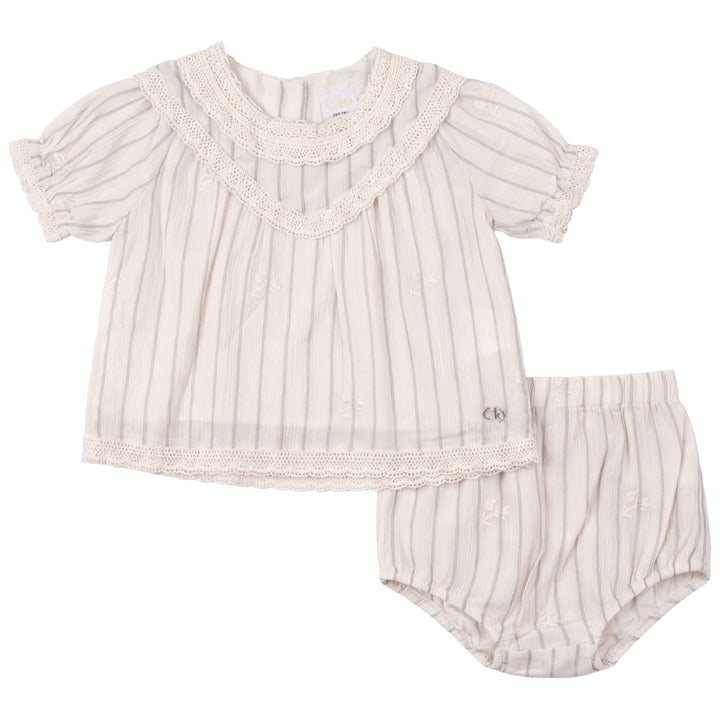 set outfit stripe lace detail blouse and bloomers - cream/dark green
