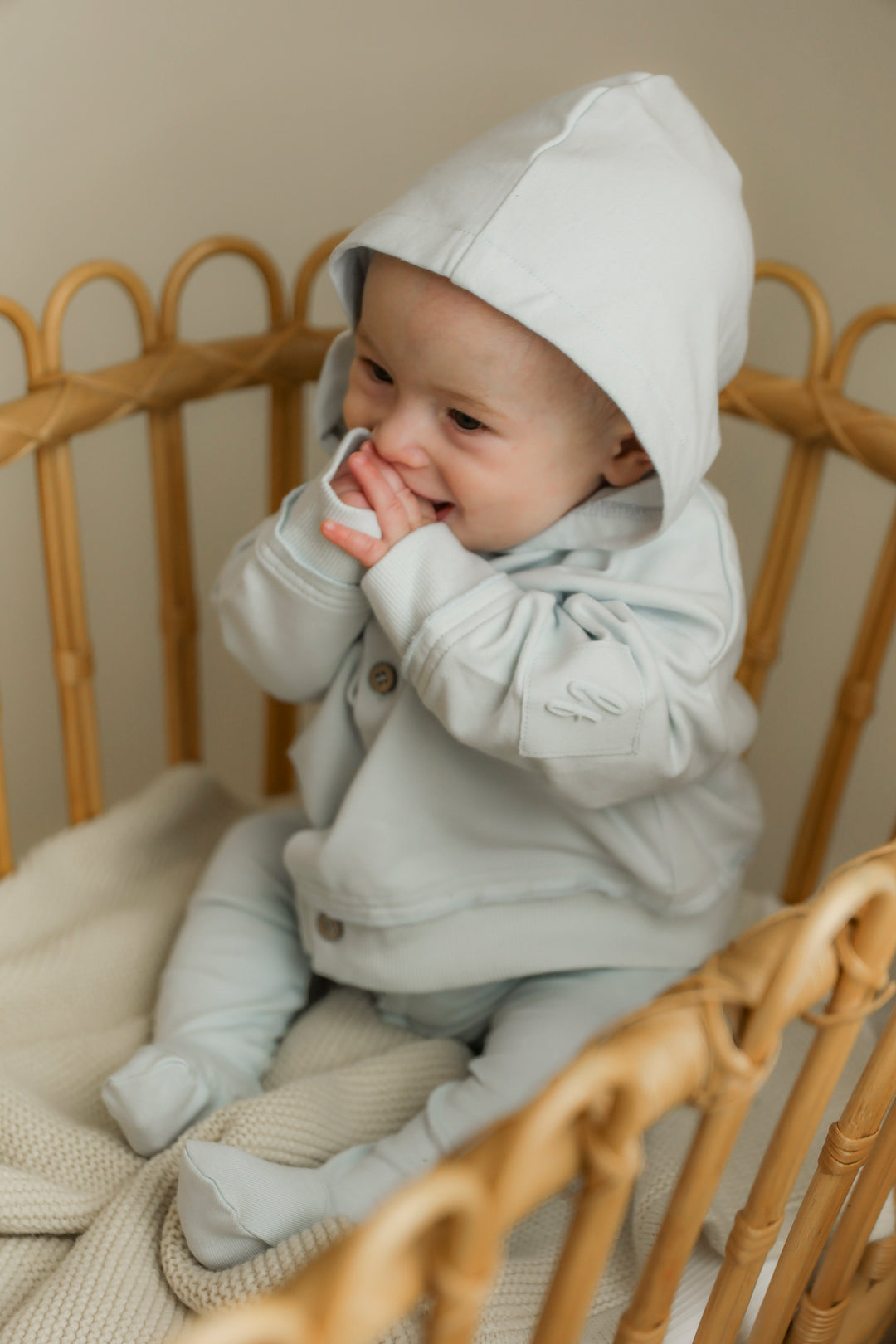 jacket french terry button down with hood - misty blue